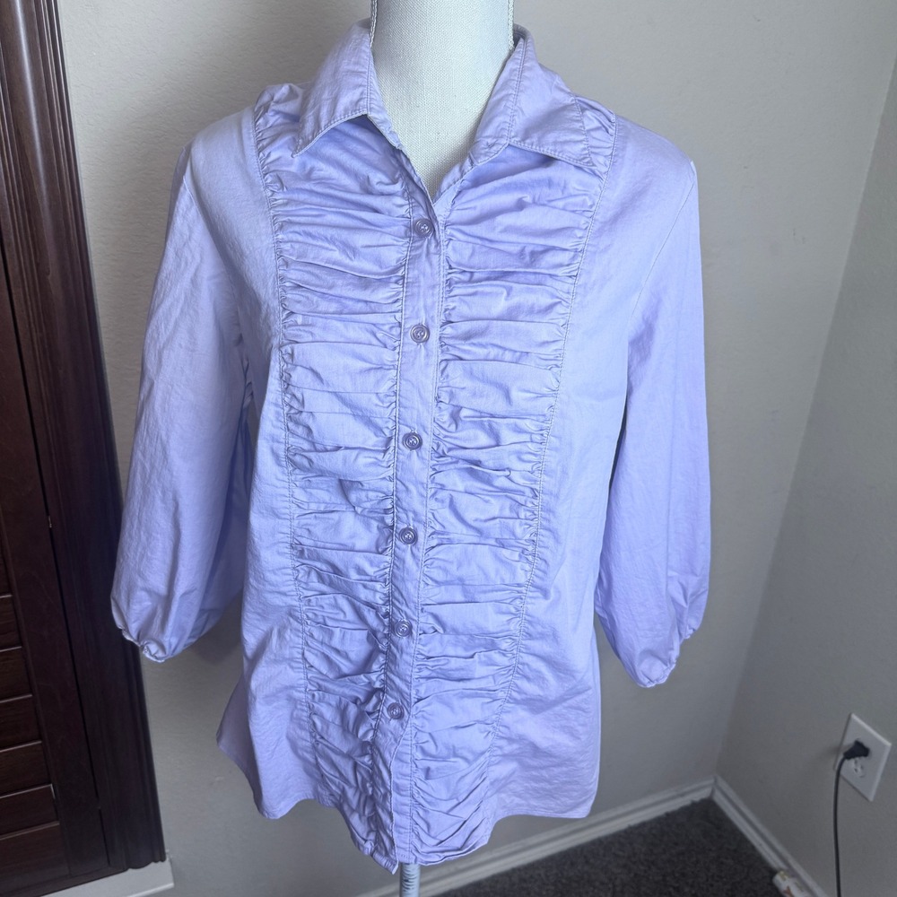 Essentials by ABS Lavender Purple Ruched Front Button Down Blouse feminine sz L
